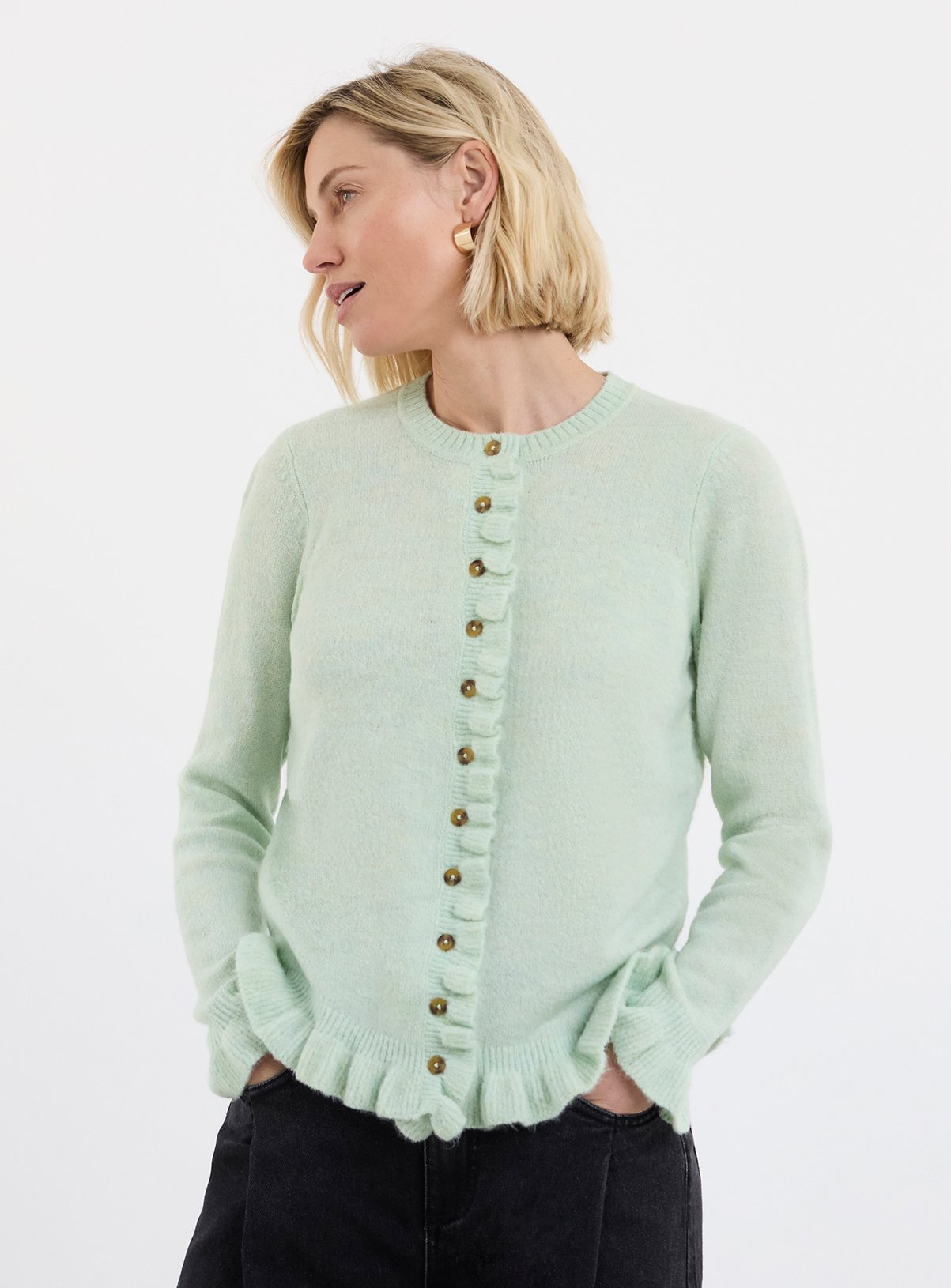 JD WILLIAMS Frill Knit Cardigan Light Green 32-34 - Image 1 thumbnail